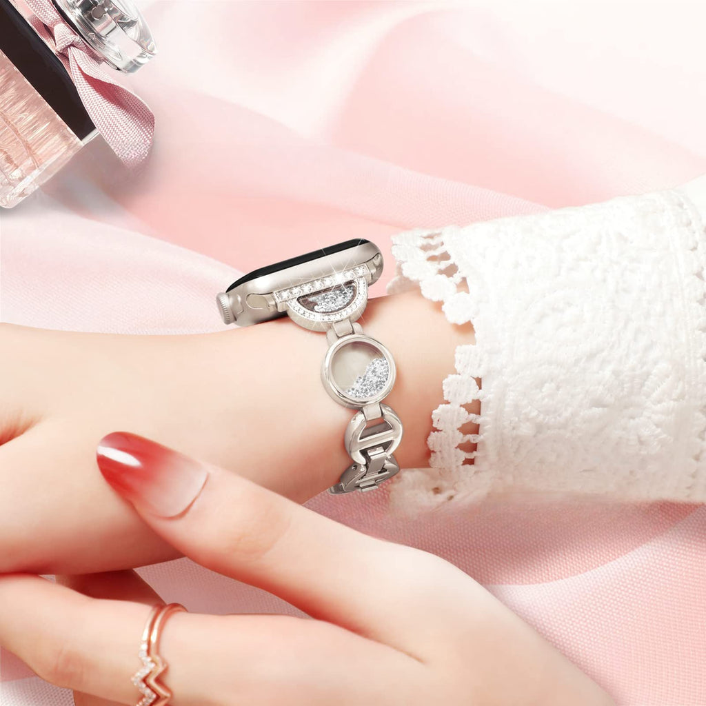 Bracelet argenté pour Apple Watch avec incrustation de sable et motif circulaire bijou délicat.