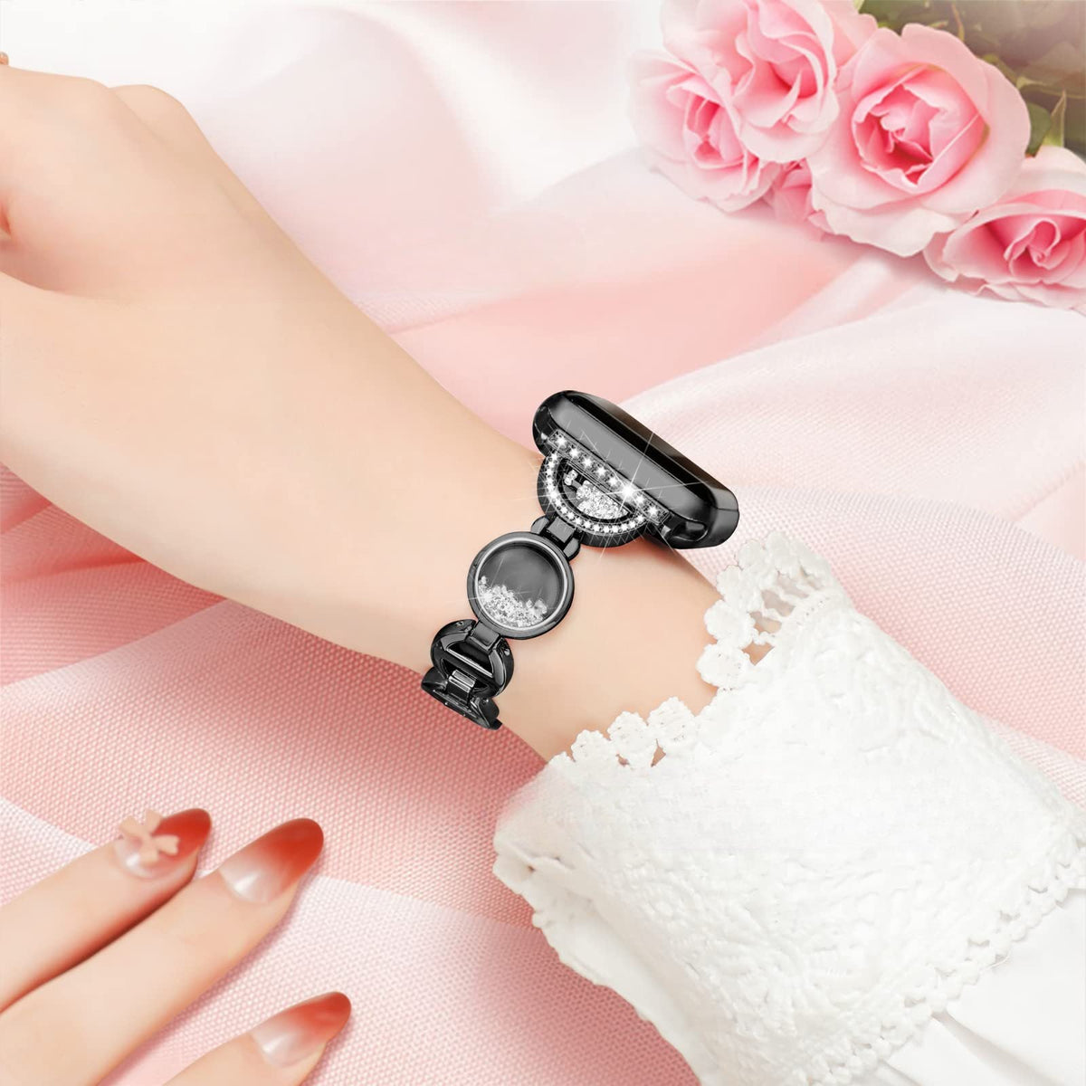 Bracelet noir pour Apple Watch avec incrustations de sable et maillons élégants pour femme.