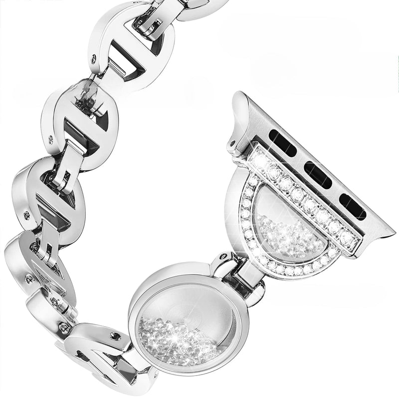 Bracelet Apple Watch argenté pour femme, chaîne à maillons ronds avec incrustation de sable mobile et décor en strass.