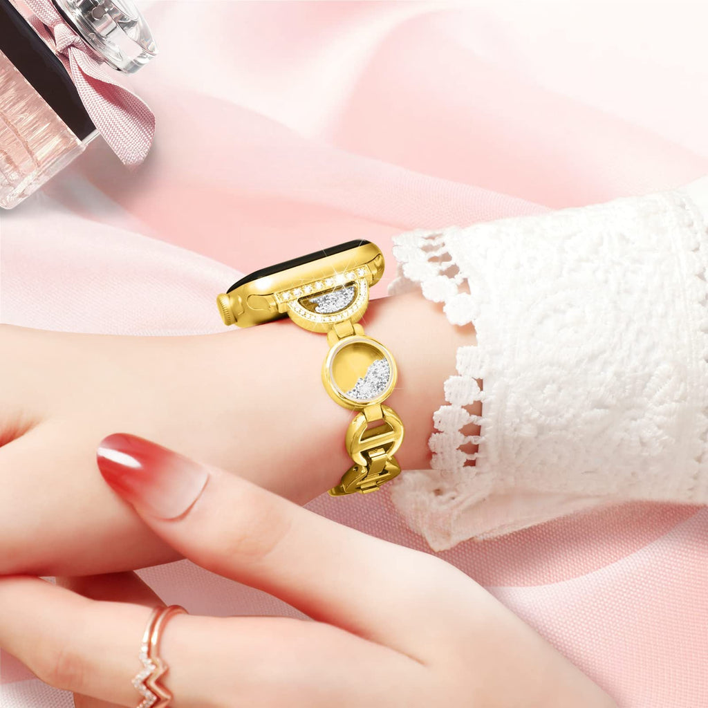 Bracelet Apple Watch or rosé incrusté de sable avec maillons ronds et brillants pour femme.