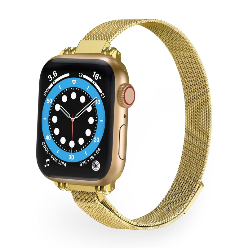 Bracelet Apple Watch maille milanaise or rosé pour femme, taille 38 à 42 mm.