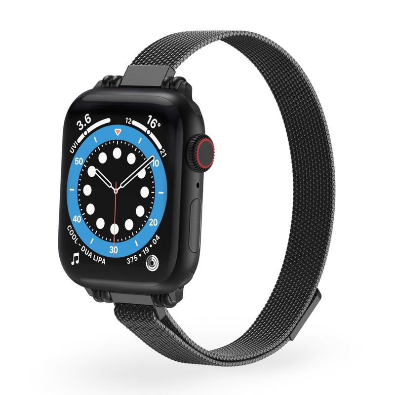 Bracelet Apple Watch maille milanaise noir pour femme, fermeture magnétique élégante.