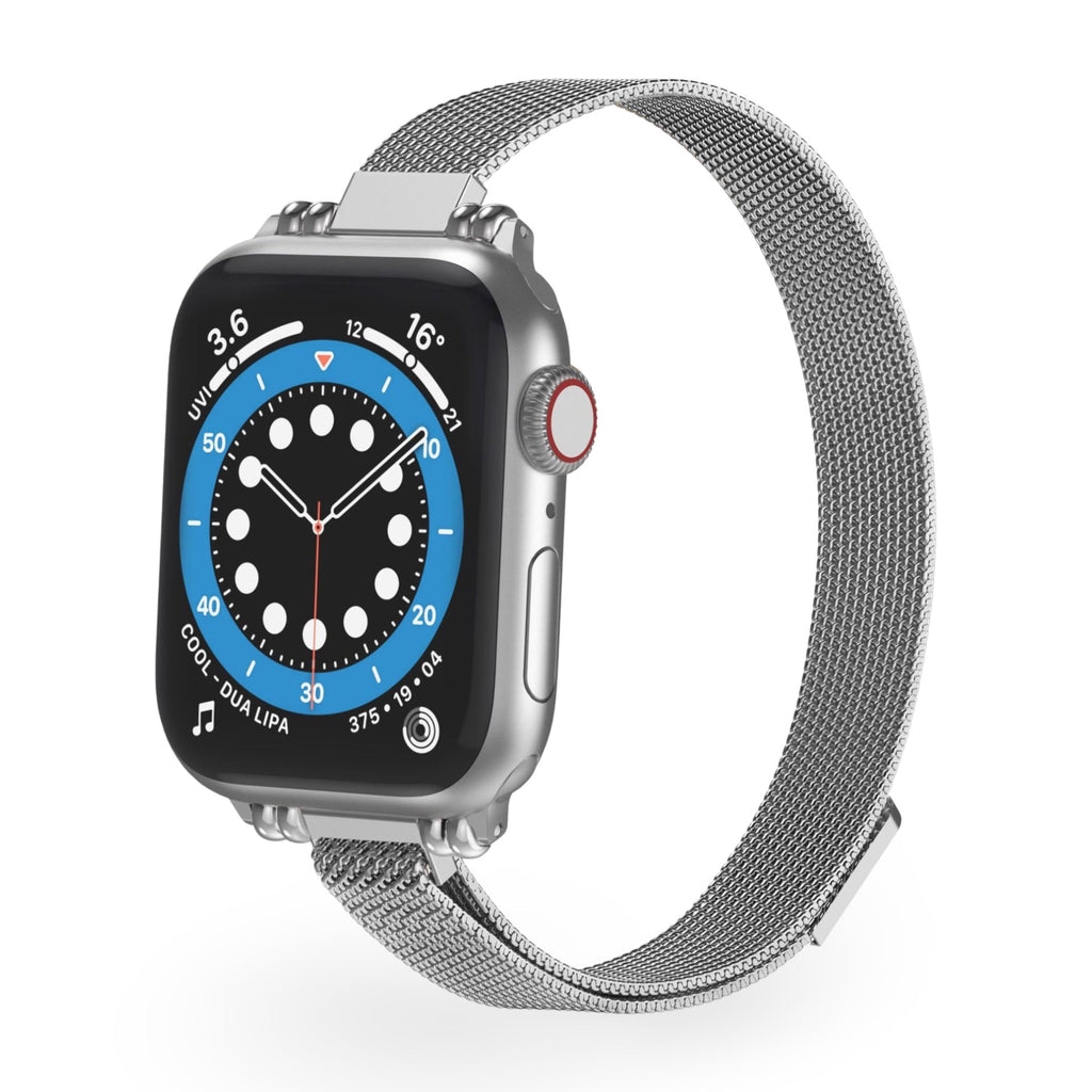 Bracelet milanais argenté pour Apple Watch avec boucle magnétique fine et élégante.