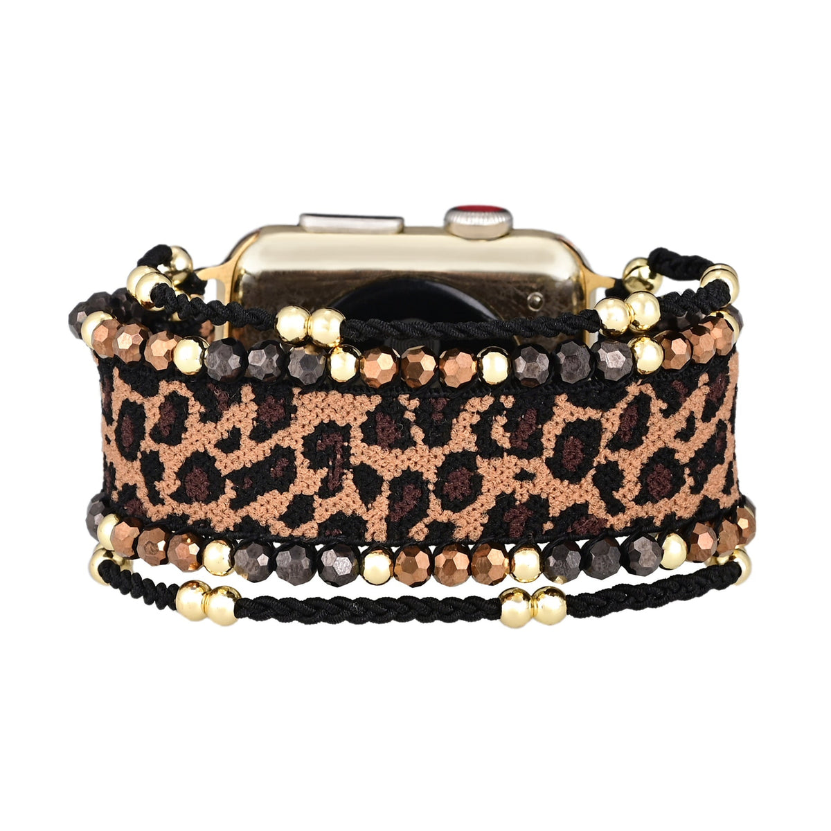 Bracelet Apple Watch motif léopard marron avec perles noires et dorées élégant pour femme.