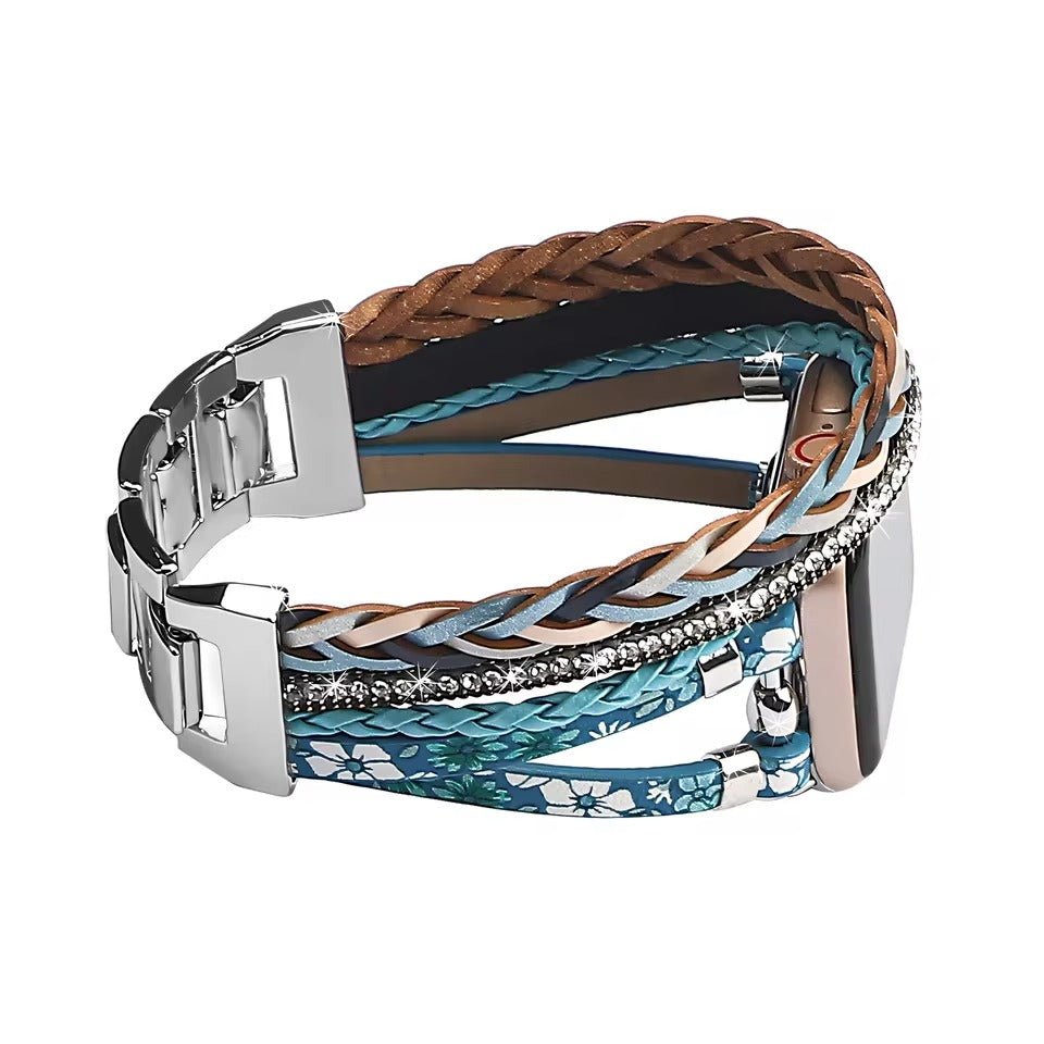 Bracelet multi-rangs bleu et marron pour Apple Watch avec tresses, perles et motif floral élégant.