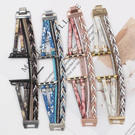 Bracelets Apple Watch multi-rangs pour femme avec motif floral en noir, bleu, rose et blanc, boucles métalliques dorées et.