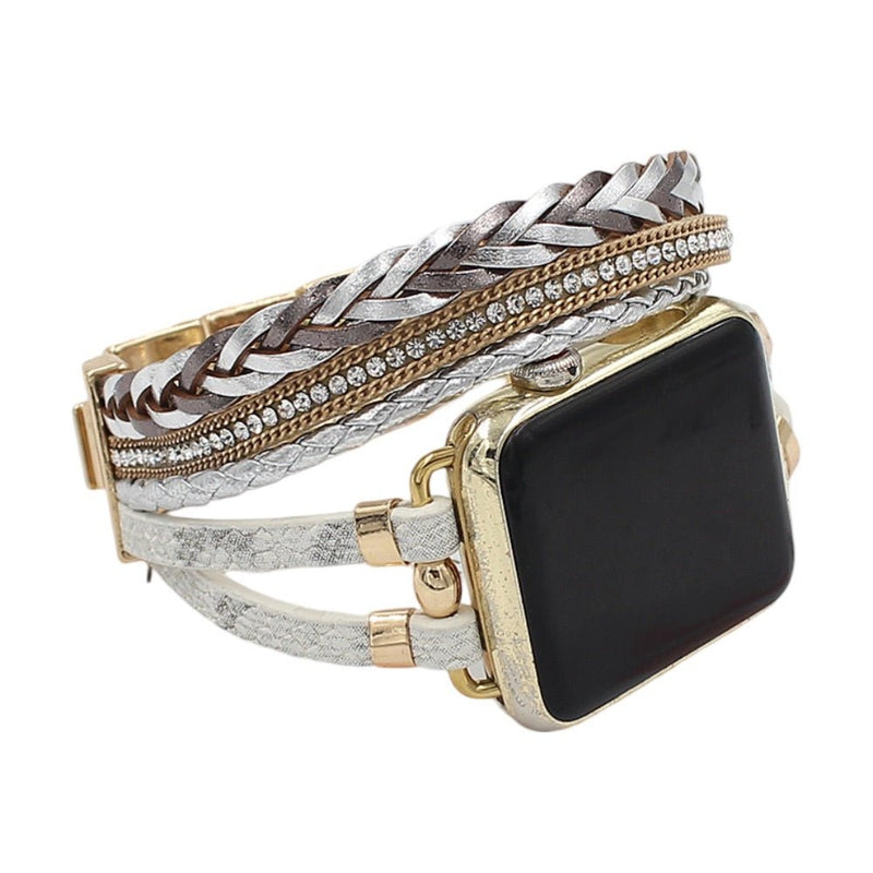 Bracelet multi-rangs argenté et doré avec tresse et motif floral pour Apple Watch femme.