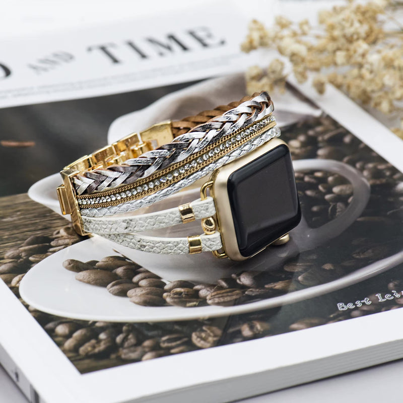 Bracelet multi-rangs blanc et argent avec motif floral pour Apple Watch, style élégant féminin.