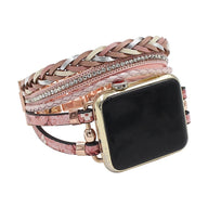 Bracelet multi-rangs rose avec motif floral et strass pour Apple Watch femme.
