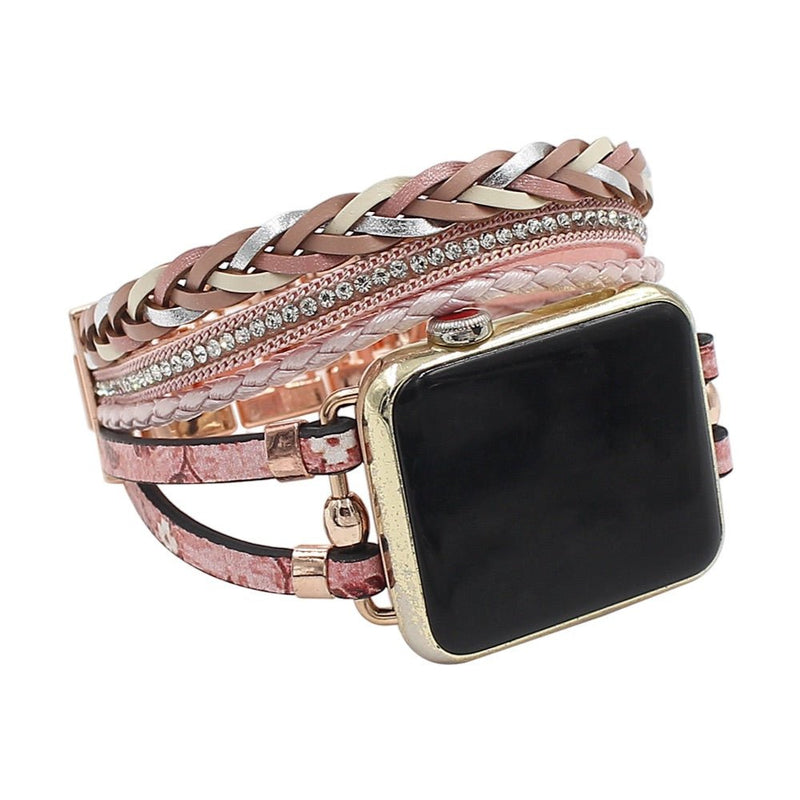 Bracelet multi-rangs rose avec motif floral et strass pour Apple Watch femme.