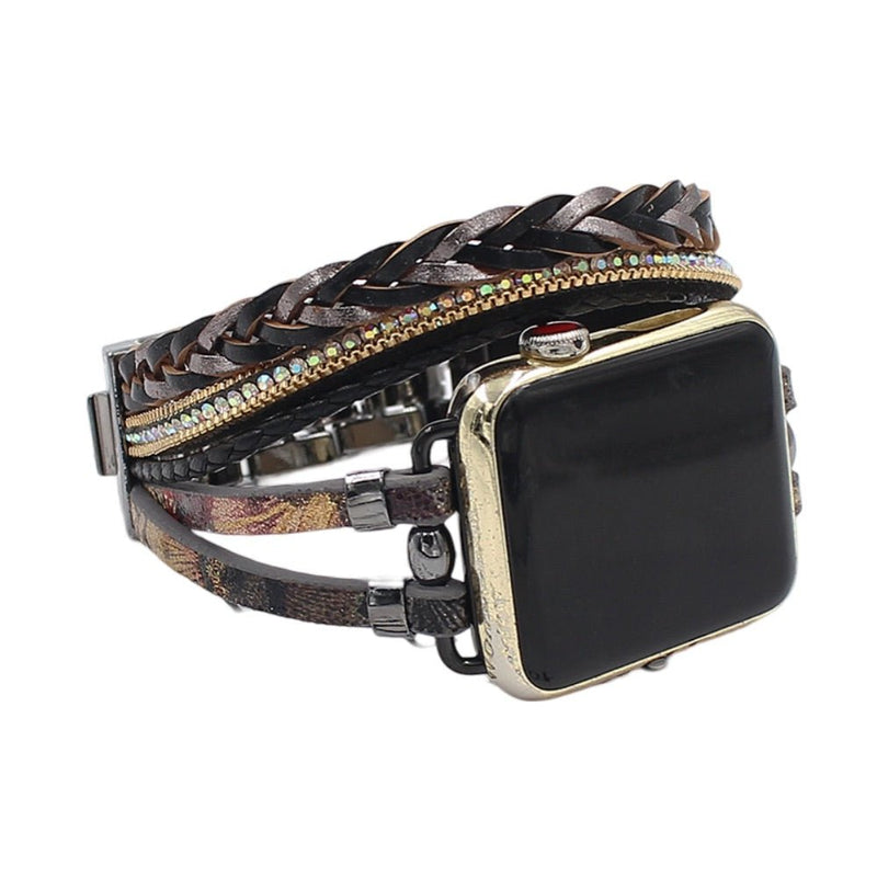 Bracelet multi-rangs noir tressé et orné de motifs floraux avec pierres pour Apple Watch.
