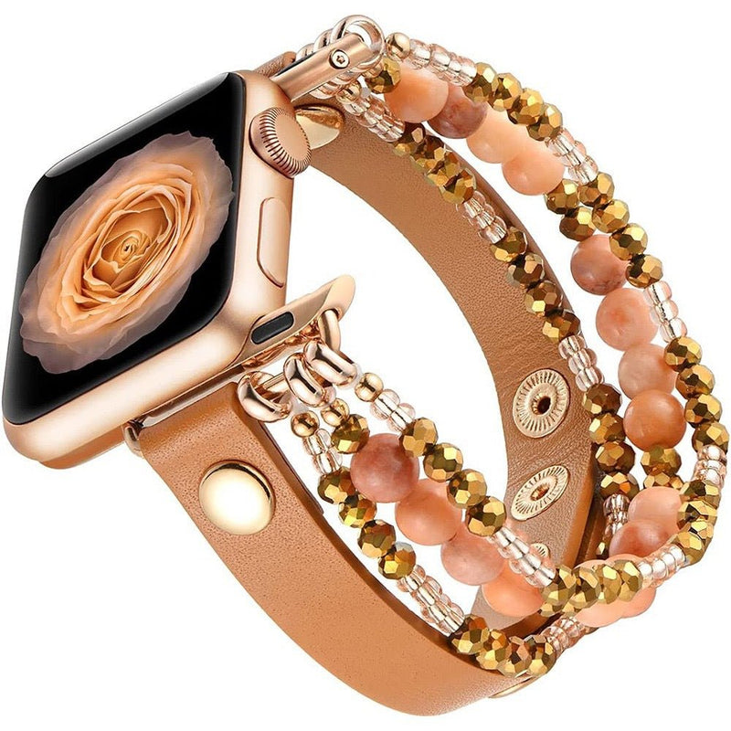 Bracelet pour Apple Watch femme multi-rangs perlé camel avec cuir et perles dorées et roses.