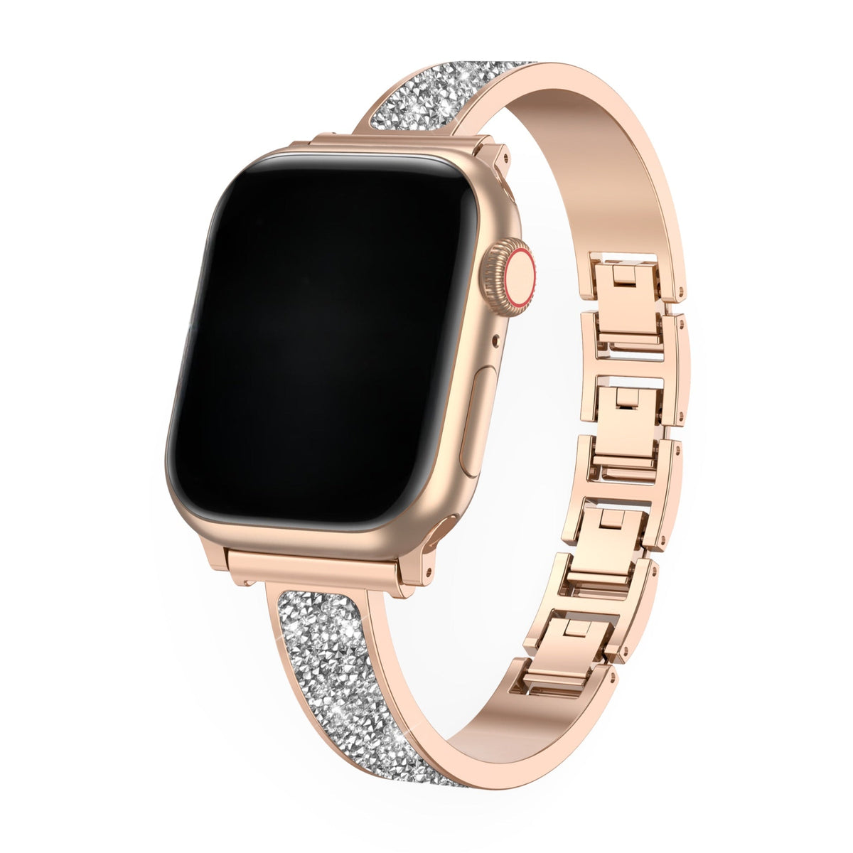 Bracelet Apple Watch or rosé pailleté pour femme avec maillons élégants.