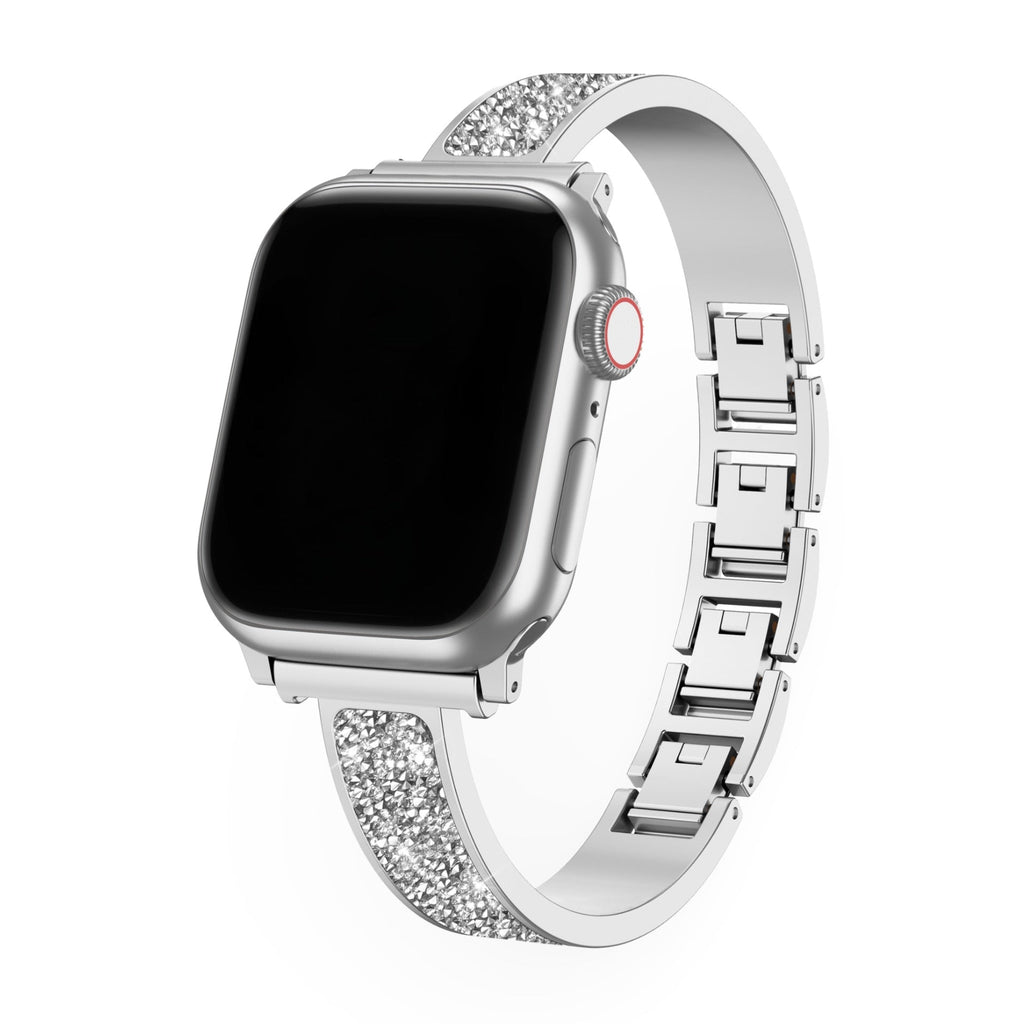 Bracelet pailleté argent pour Apple Watch, design féminin et élégant, maillons métalliques brillants.