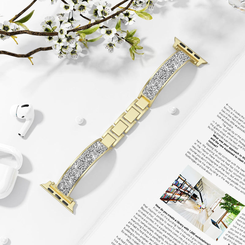 Bracelet Apple Watch pailleté or avec maillons métalliques élégants, design femme Douwa.