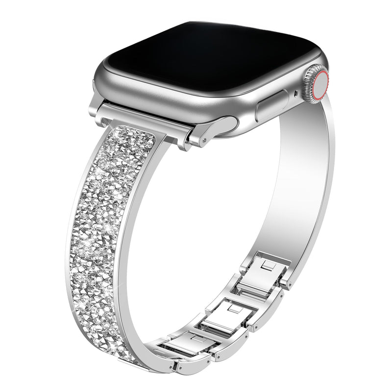 Bracelet pailleté argenté pour Apple Watch, style élégant et féminin, finition brillante.
