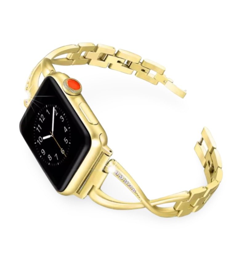 Bracelet or pour Apple Watch avec sertissage d'oxyde de zirconium, design féminin élégant.