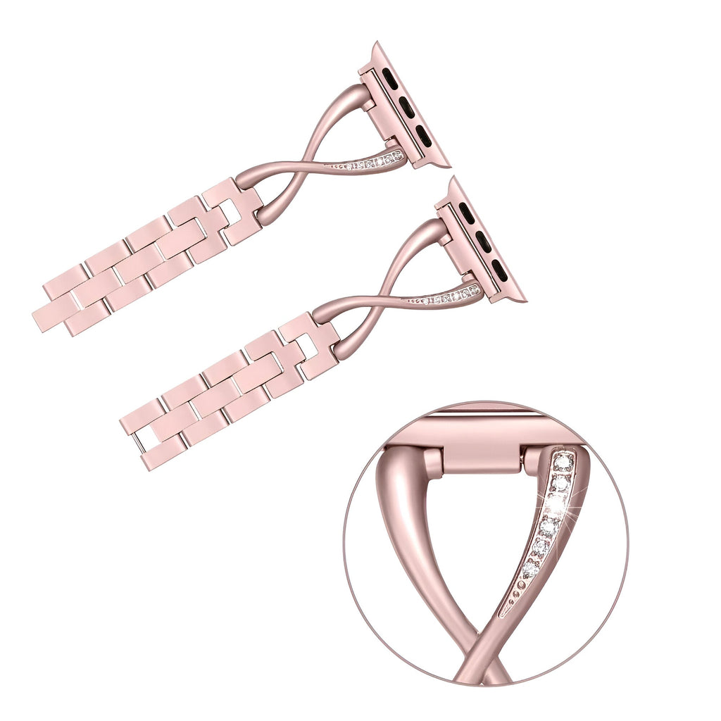 Bracelet Apple Watch en or rosé, maillons rectangulaires, serti d'oxydes de zirconium sur attache croisée élégante.