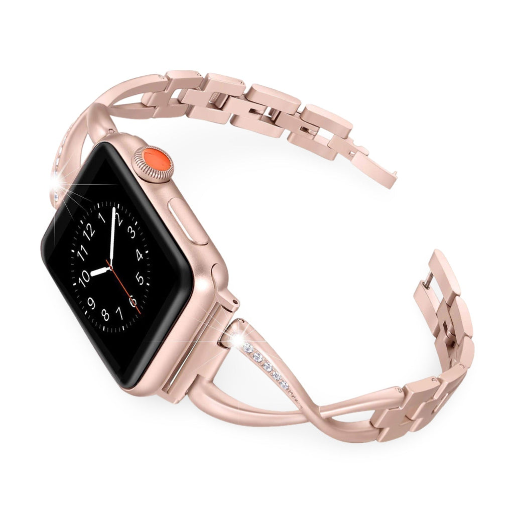 Bracelet Apple Watch or rosé serti d’oxyde de zirconium pour femme, modèle Initia, taille 38-42 mm.