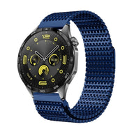 Bracelet de montre connecté bleu en acier inoxydable, compatible Huawei Watch, modèle Omega, finition maillée.