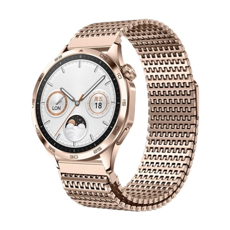 Bracelet de montre connectée en acier inoxydable or rosé tressé pour Huawei Watch modèle Omega.