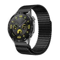 Bracelet de montre connecté noir en acier inoxydable avec maillons texturés, compatible Huawei Watch Omega.