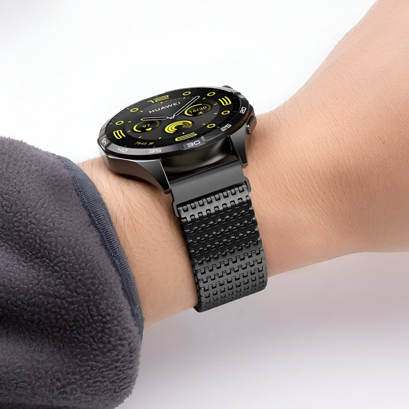 Bracelet de montre connectée en acier inoxydable gris foncé texturé pour Huawei Watch.