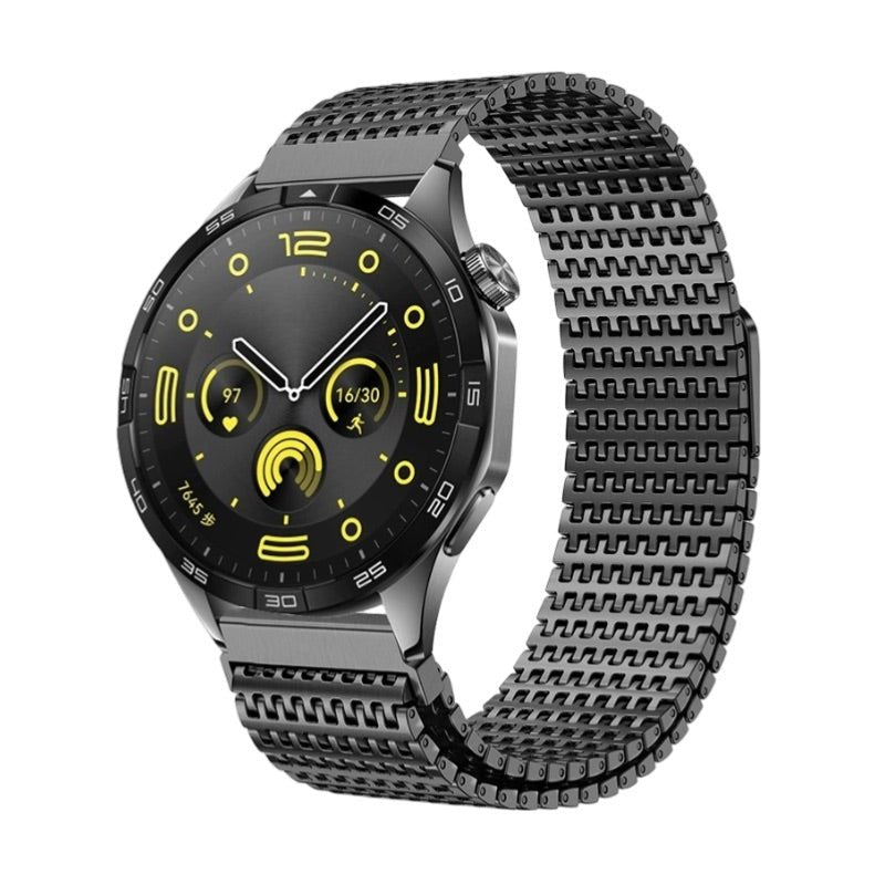 Bracelet montre connectée acier inoxydable noir texturé compatible Huawei Watch modèle Omega.