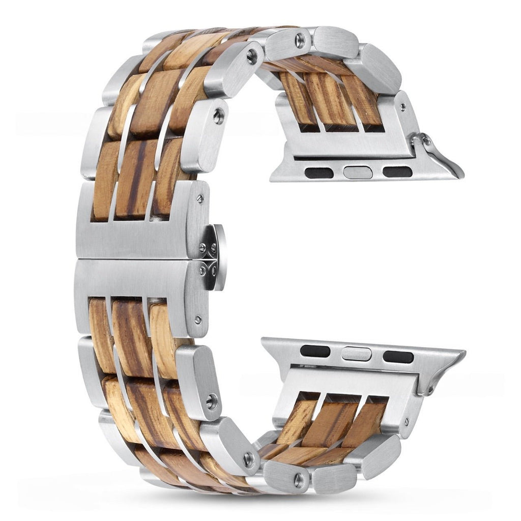 Bracelet de montre Apple Watch en bois Zébrano et acier inoxydable pour homme, modèle Erwan, ton naturel.
