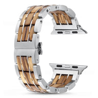 Bracelet de montre Apple Watch en bois Zébrano et acier inoxydable pour homme, modèle Erwan, ton naturel.