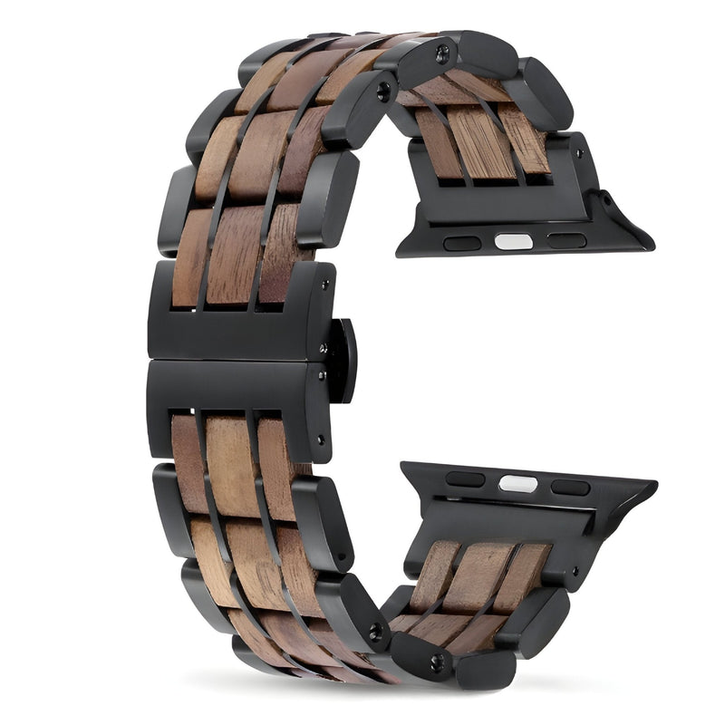 Bracelet Apple Watch pour homme en bois Guibourtia avec maillons noirs satinés, style naturel et élégant.