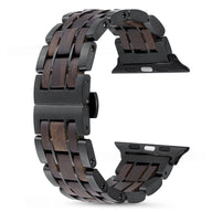 Bracelet Apple Watch pour homme en bois Guibourtia et métal noir, style naturel et élégant.