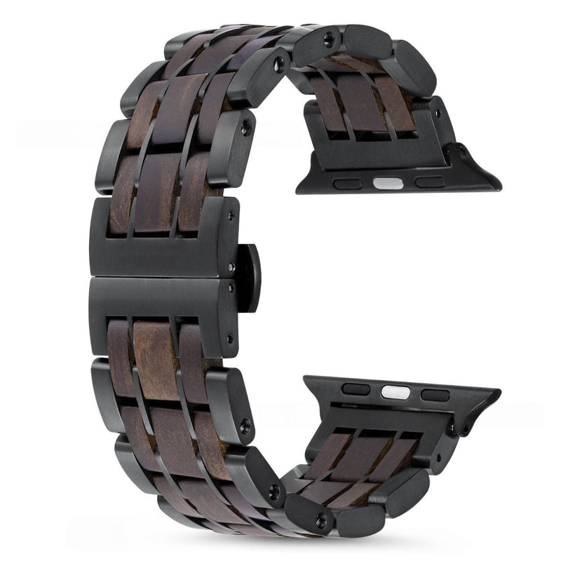 Bracelet Apple Watch pour homme en bois Guibourtia et métal noir, style naturel et élégant.