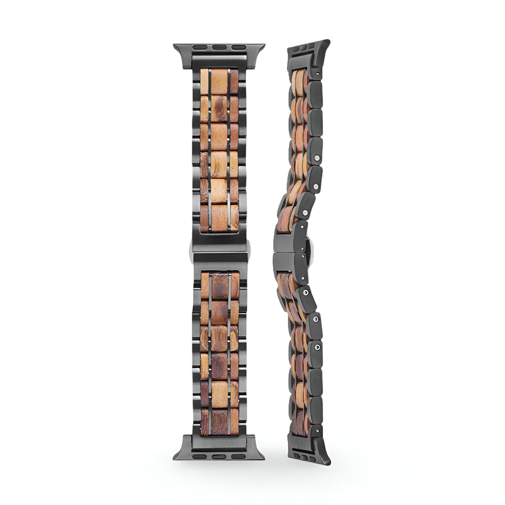 Bracelet de montre en bois Guibourtia avec maillons rectangulaires et attaches noires pour Apple Watch.