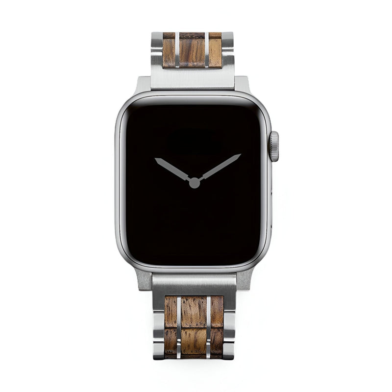 Bracelet de montre Apple Watch en bois Guibourtia avec maillons métalliques argentés, design élégant pour homme.