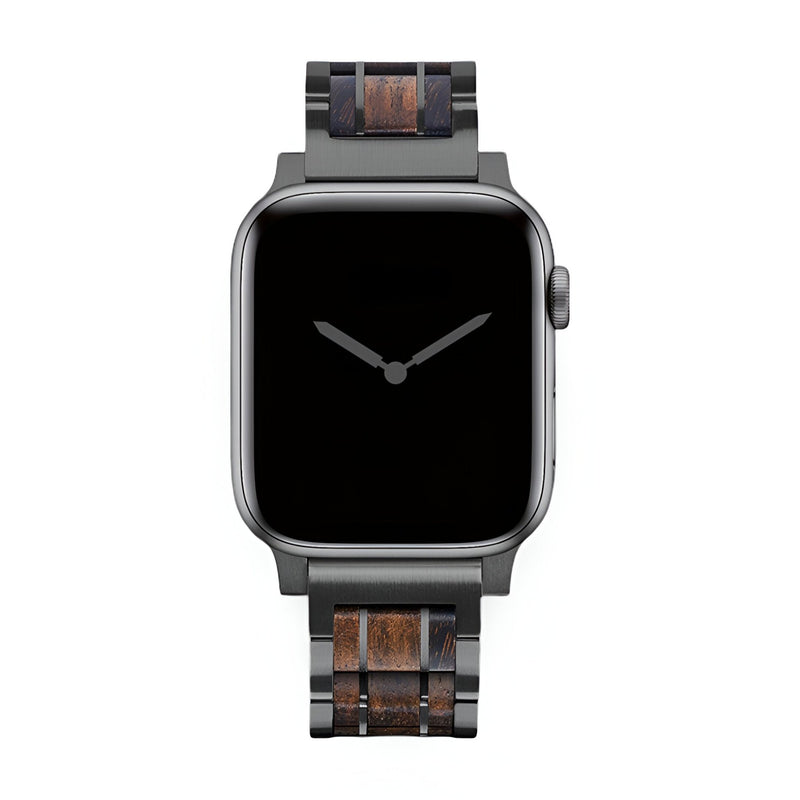 Bracelet en bois Guibourtia noir et marron pour Apple Watch, style naturel et élégant.