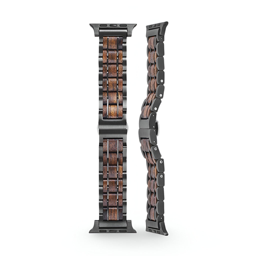 Bracelet de montre en bois Guibourtia avec maillons noirs, design élégant pour Apple Watch.