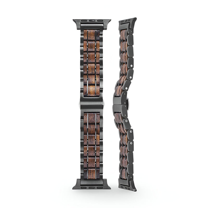 Bracelet de montre en bois Guibourtia avec maillons noirs, design élégant pour Apple Watch.