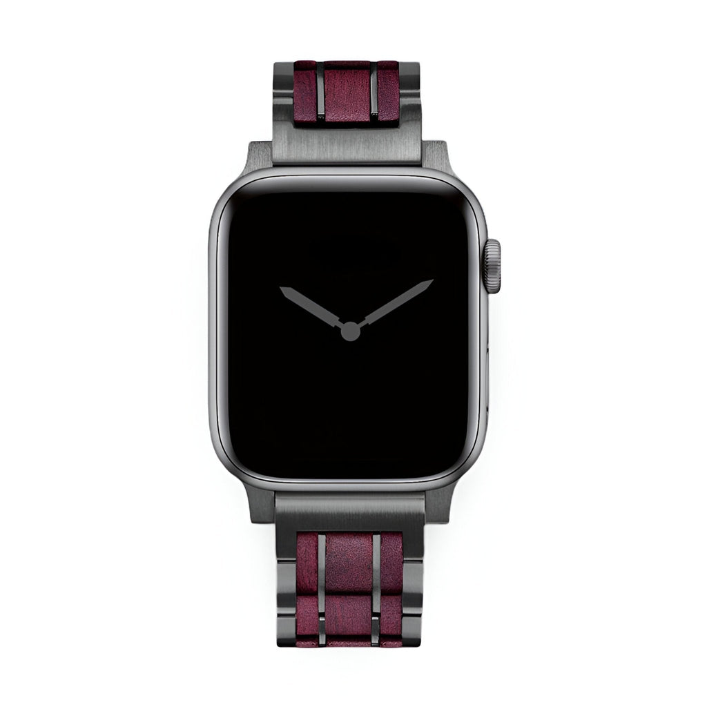 Bracelet en bois d’amarante bordeaux pour Apple Watch, style masculin et élégant.