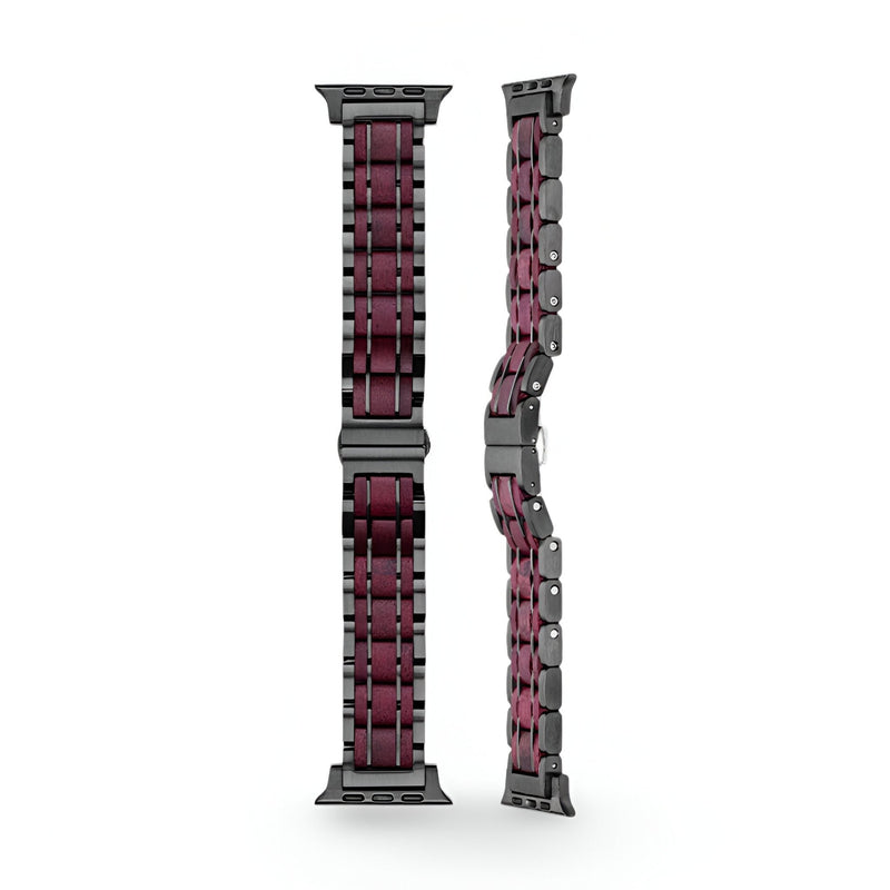 Bracelet Apple Watch en bois amarante bordeaux pour homme, maillons élégants et fermoir noir mat.