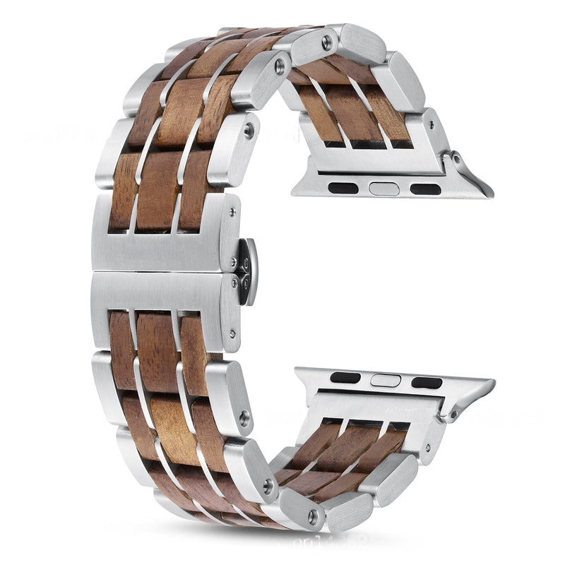 Bracelet pour Apple Watch en bois Guibourtia et acier inoxydable, design segmenté, finition élégante.