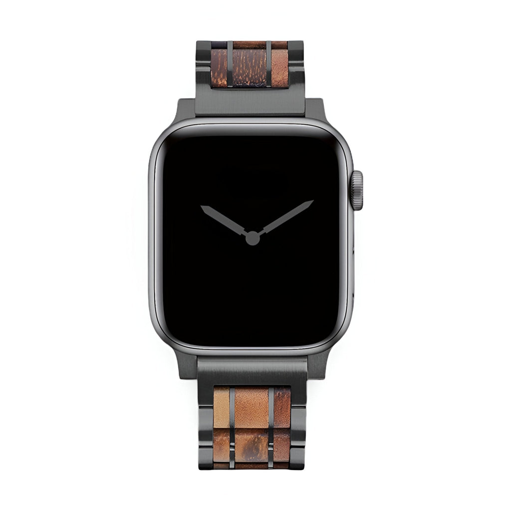 Bracelet de montre en bois Guibourtia avec maillons noirs pour Apple Watch homme, modèle Erwan.