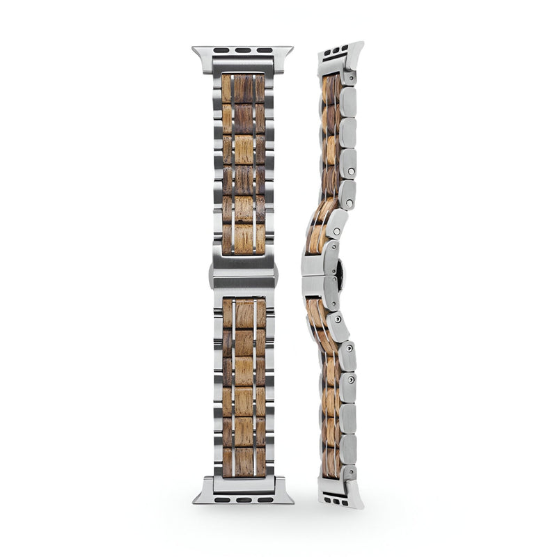Bracelet pour Apple Watch en bois Guibourtia avec maillons argentés pour homme, taille 38-42 mm.