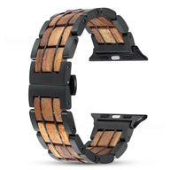 Bracelet de montre Apple Watch en bois Guibourtia avec maillons métalliques noirs, naturel et élégant.