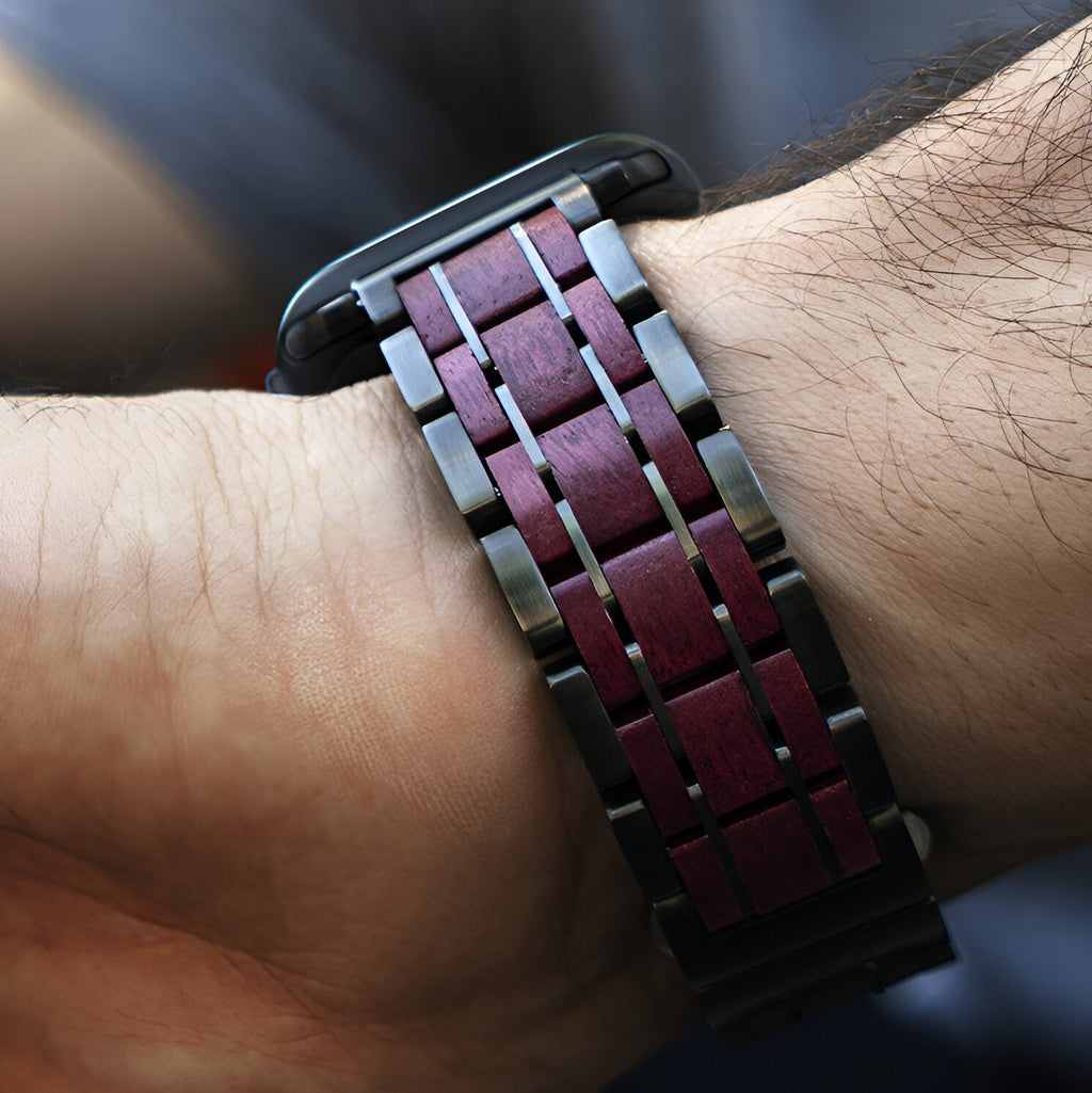 Bracelet en bois d'amarante et noir pour Apple Watch, design artisanal pour homme, modèle Erwan.