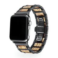 Bracelet en bois naturel et métal noir pour Apple Watch, design élégant pour homme, modèle Franck.