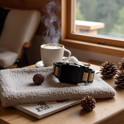 Bracelet de montre connectée en bois noir et métal, posé sur pull beige près d'une tasse fumante et pommes de pin.