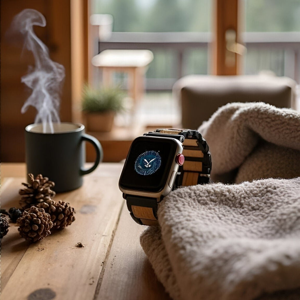 Bracelet en bois noir pour Apple Watch, style naturel et élégant, posé sur plaid beige doux.
