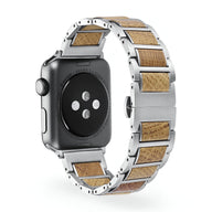Bracelet en bois naturel et acier argenté pour Apple Watch, design élégant pour homme, modèle Franck.