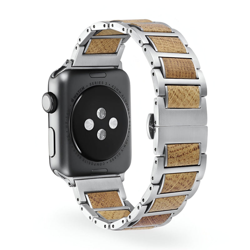 Bracelet en bois naturel et acier argenté pour Apple Watch, design élégant pour homme, modèle Franck.